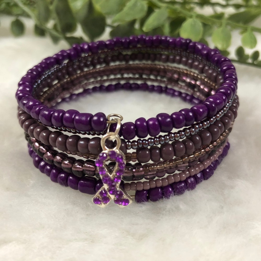 Purple Ribbon Beaded Bracelet